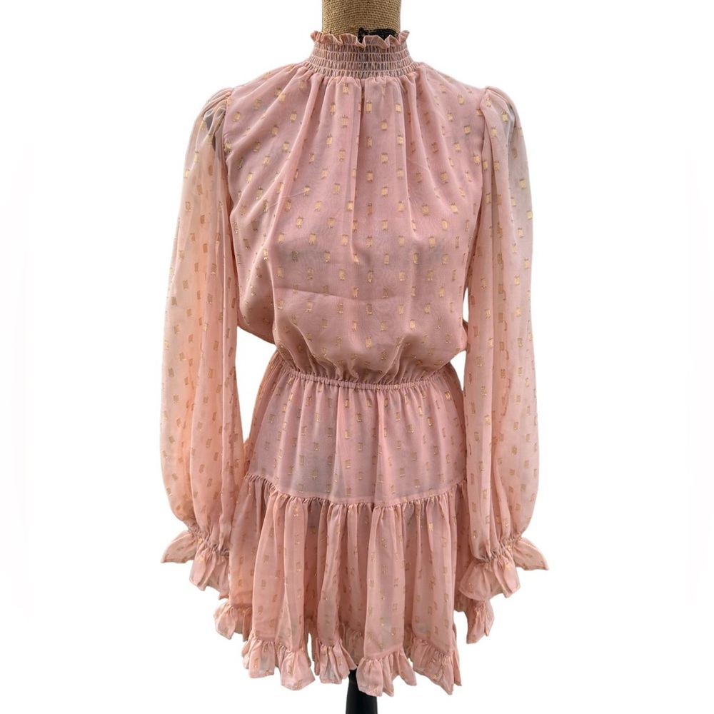 NWOT Aqua Pink and Gold Long Sleeve Mock Neck Tiered Mini Dress Size XS